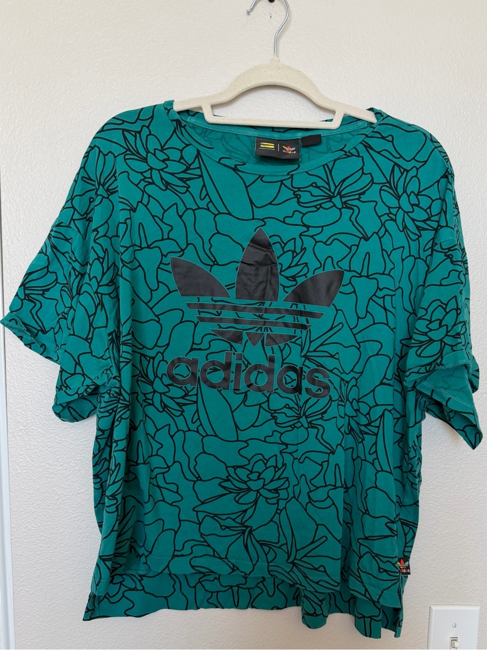 adidas Teal Floral Outline Trefoil Short Sleeve Tee